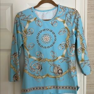 Blue Long Sleeve Blouse with Playful Monkey Print